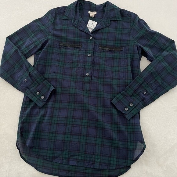 NWT J. Crew Plaid Popover Blouse with Beaded Pockets, Green/Blue/Black, Size XS - Picture 7 of 9